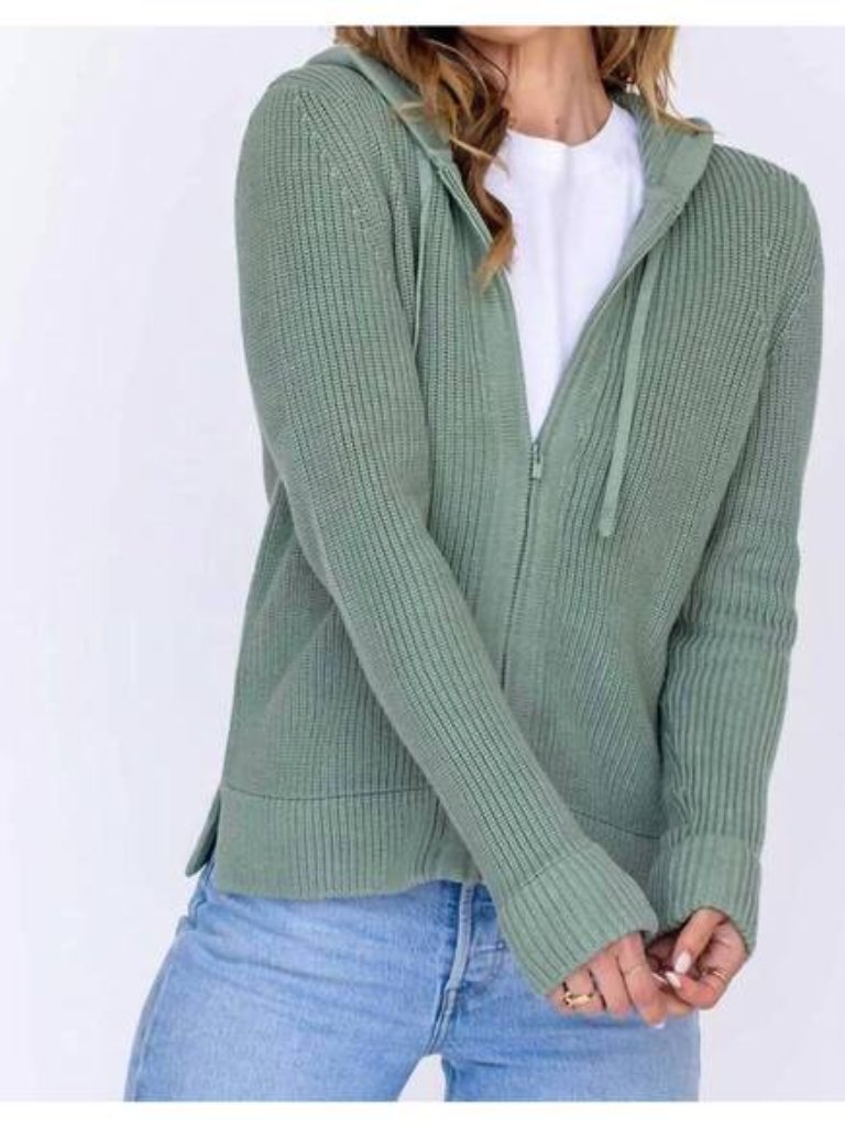 Nwt Pura Cashmere Women's Fisherman Hoodie Sweater Size M Sage Green Full Zip — image 4 of 8